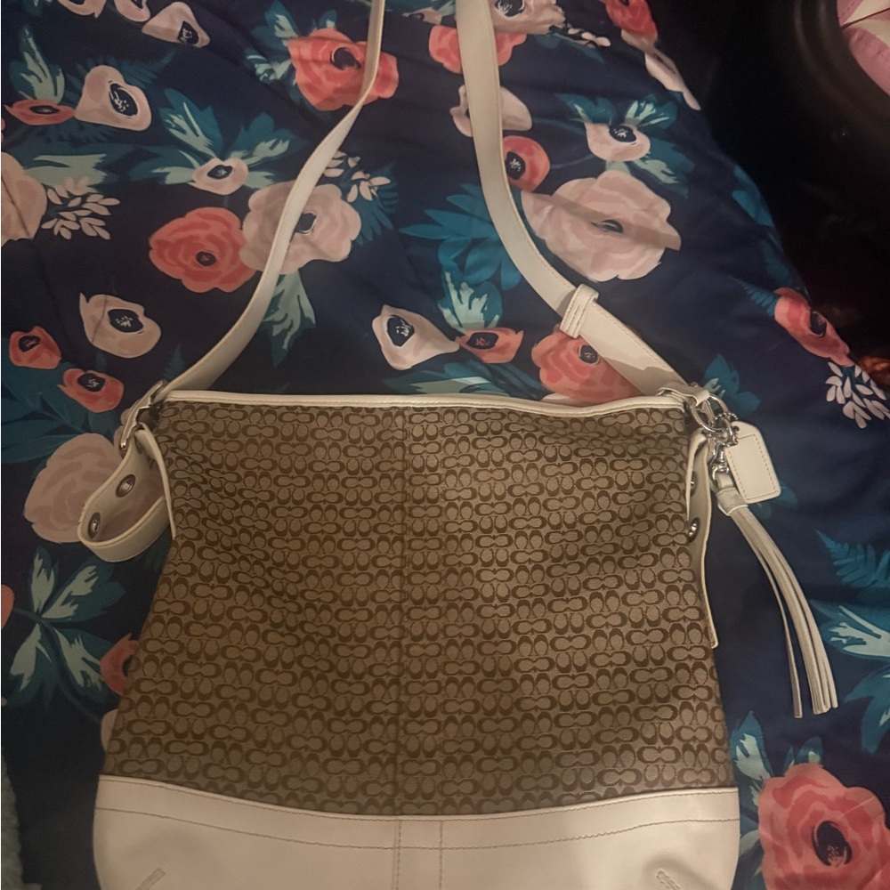 Coach Signature Canvas Shoulder Bag in Brown and White
